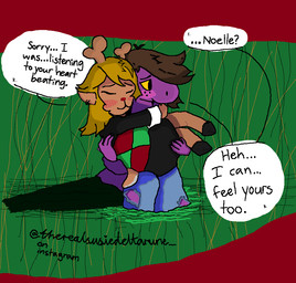 4_fingers anthro antlers blonde_hair blush blush_lines bottomwear brown_hair clothing denim denim_bottomwear denim_clothing dialogue dress duo ear_piercing eyes_closed female female/female fingers freckles hair hooves horn jacket jeans lake outside pants piercing pupil red_nose ripples scut_tail shadow short_tail speech_bubble standing sunset tail text topwear torn_bottomwear torn_clothing torn_jeans torn_pants water yellow_sclera therealsusiedeltarune deltarune undertale_(series) noelle_holiday susie_(deltarune) deer mammal monster new_world_deer reptile scalie digital_drawing_(artwork) digital_media_(artwork) english_text