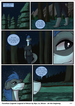 anthro big_breasts black_eyes blue_hair breasts clothing dialogue female forest grass grey_body grey_skin hair night plant pond ripples sky solo speech_bubble star tail text tree water white_body feretta nyo_la_nixan legend_of_nixon mythology nyo_la_nixan_(character) draako dragon mythological_creature mythological_scalie scalie absurd_res comic english_text hi_res