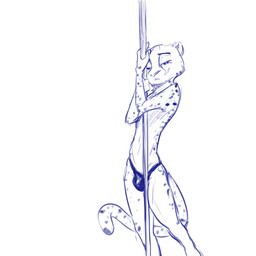 anthro bulge clothed clothing fur half-closed_eyes looking_at_viewer male markings narrowed_eyes pole simple_background skimpy slim smile solo spots spotted_body spotted_fur standing stripper_pole thong topless underwear white_background ittybittykittytittys cheetah felid feline mammal 1:1 2019 blue_and_white monochrome