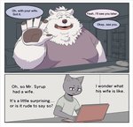 anthro black_body black_fur clothing computer duo electronics eyes_closed fur kemono male overweight overweight_male shirt text topwear white_body white_fur 00murice canid canine canis domestic_cat domestic_dog felid feline felis mammal 2021 comic english_text hi_res