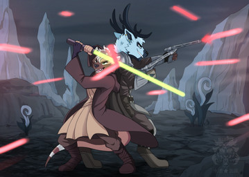 alien_planet anthro armor battle blaster clothing duo fight gauntlets gloves green_lightsaber handwear holding_lightsaber jedi lightsaber male male/male melee_weapon robe smile smirk weapon lidiamcfurry star_wars rich_the_otter deer mammal mustelid otter absurd_res hi_res