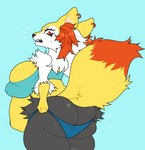 anthro big_breasts big_butt black_body black_fur bodily_fluids breasts butt butt_cleavage clothing dressing ear_piercing ear_ring female fur huge_breasts huge_butt nipple_outline orange_body orange_fur piercing pregnant pregnant_anthro pregnant_female ring_piercing solo surprise sweat sweatdrop tight_clothing white_body white_fur yellow_body yellow_fur xalloir nintendo pokemon braixen generation_6_pokemon pokemon_(species) hi_res