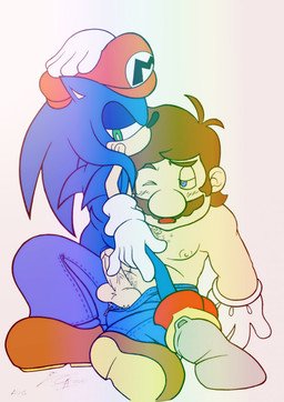 anal anal_penetration anthro balls blue_body blue_eyes blue_fur body_hair butt clothed clothed_sex clothing cowgirl_position duo erection footwear from_front_position fur genitals gloves green_eyes hand_on_head handwear hat headgear headwear human_on_anthro humanoid_genitalia humanoid_penis interspecies light male male/male male_on_bottom male_on_top male_penetrated male_penetrating male_penetrating_male on_bottom on_top open_mouth partially_clothed penetration penis sex shallow_penetration straddling tongue tongue_out unknown_artist mario_bros nintendo sega sonic_the_hedgehog_(series) mario sonic_the_hedgehog eulipotyphlan hedgehog human mammal crossover hi_res lighting signature