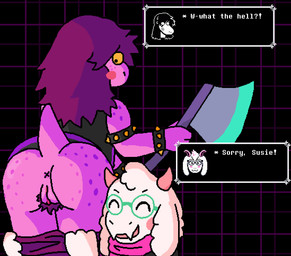 anthro anus assisted_exposure axe biped black_clothing black_topwear black_vest blush blush_lines blush_stickers bottomwear bottomwear_down bracelet butt butt_focus cartoon_freckles clitoris clothed clothing dialogue duo embarrassed exposed eyebrows eyes_closed eyewear fangs female female_focus fluffy fluffy_ears freckled_butt freckled_face freckled_shoulders freckles fur genitals glasses glistening glistening_butt glistening_genitalia glistening_vulva green_eyewear green_glasses hair hairy_vulva head_tuft horn jewelry looking_back male male/female mischievous_smile open_mouth open_smile pants pants_down pantsing partially_clothed pink_body pink_horn prank pubes purple_bottomwear purple_clothing purple_hair purple_pants purple_pubes rear_view scarf short_tail simple_background smile solo_focus spiked_bracelet spikes standing surprised tail teeth text text_box topwear tuft vest vulva white_body white_fur wide_eyed x_anus yellow_sclera pixel_vibri deltarune undertale_(series) ralsei susie_(deltarune) boss_monster_(undertale) bovid caprine darkner goat mammal reptile scalie 2026 aliasing digital_media_(artwork) english_text hi_res