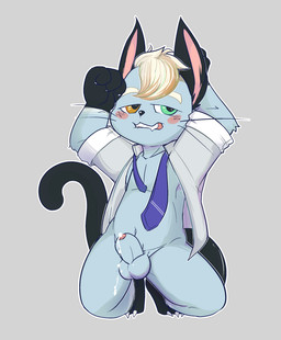 3_fingers 3_toes accessory anthro arm_tuft balls biped bite biting_lip biting_own_lip black_body black_ears black_fur black_nose black_tail black_whiskers blonde_hair blue_balls blue_body blue_fur blue_necktie blue_penis blue_pubes blush blush_lines bodily_fluids bottomless bottomless_anthro bottomless_male claws clothed clothed_anthro clothed_male clothing collared_shirt cum cum_drip dripping elbow_tuft erection eyebrows fangs feet finger_claws fingers foreskin fur genital_fluids genitals glans glistening glistening_balls glistening_eyes glistening_genitalia gloves_(marking) green_eyes grey_background hair heterochromia humanoid_genitalia humanoid_penis kneeling leg_markings male male_anthro markings mismatched_genitalia mismatched_humanoid_penis mismatched_penis multicolored_body multicolored_fur navel necktie open_clothing open_shirt open_topwear orange_eyes outline partially_retracted_foreskin penis pink_glans pink_inner_ear pubes self_bite shirt simple_background socks_(marking) solo tail teeth toe_claws toes topwear translucent translucent_clothing translucent_shirt translucent_topwear tuft whiskers white_claws white_clothing white_eyebrows white_outline white_shirt white_topwear mousesix animal_crossing nintendo raymond_(animal_crossing) domestic_cat felid feline felis mammal 2023 digital_drawing_(artwork) digital_media_(artwork) hi_res