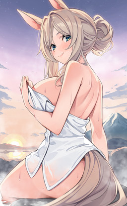 animal_ears biped blonde_hair blue_eyes breasts butt detailed_background female hair hot_spring looking_at_viewer looking_back mountain outside partially_submerged pupils sitting smile solo thick_thighs towel towel_only water wet wet_body osa animal_humanoid equid equid_humanoid equine equine_humanoid humanoid mammal mammal_humanoid hi_res