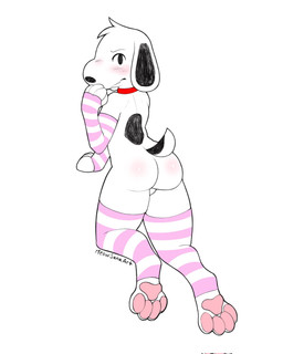 anthro balls blush blush_lines butt clothing collar femboy fur genitals gloves handwear leggings legwear looking_at_viewer looking_back male pattern_clothing pattern_gloves pattern_handwear pattern_leggings pattern_legwear paws pink_clothing pink_gloves pink_handwear pink_leggings raised_tail red_collar simple_background solo striped_clothing striped_gloves striped_handwear striped_leggings striped_legwear stripes tail white_background white_body white_clothing white_fur white_gloves white_handwear white_leggings white_legwear meowsana peanuts_(comic) snoopy canid canine canis domestic_dog mammal hi_res
