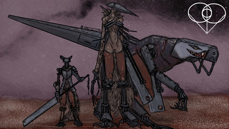 anthro armor claws cleaver_(weapon) fantasy fantasy_weapon female feral genitals group group_nudity headgear helmet larger_female looking_at_viewer machine male markings melee_weapon navel prosthetic prosthetic_limb size_difference smoke snow standing sword tail toe_claws trio vulva weapon gummi_art living_machine 16:9 hi_res widescreen