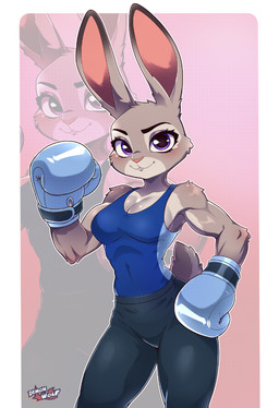 anthro athletic_wear biceps blush bottomwear boxing_gloves breasts cleavage clothed clothing female fully_clothed fur glistening glistening_breasts grey_body grey_fur handwear looking_at_viewer medium_breasts muscular muscular_female navel_outline pants purple_eyes shirt slim solo standing sweatpants tank_top tight_clothing topwear yoga_pants demonandwolf disney zootopia judy_hopps lagomorph leporid mammal rabbit