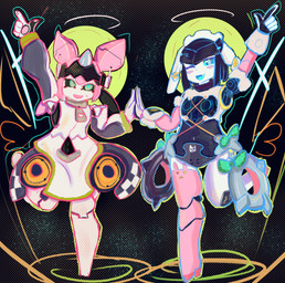 5_fingers alternate_costume amplifier armor armwear black_background black_clothing black_dress black_sclera blue_eyes blue_sclera bodily_fluids bow_ribbon breasts checkered checkered_clothing clothing clothing_swap collar cute_fangs dress duo elbow_gloves fangs featureless_feet feet female fingers gesture gloves green_bow green_eyes hair hand_gesture handwear headgear helmet joints legwear machine metallic_hair multicolored_clothing multicolored_dress not_furry one_leg_up pattern_clothing pawpads pigtails pink_body pink_clothing pink_hair pink_legwear pink_thigh_highs pointing polka_dot_bow polka_dots pseudo_hair pupils raised_leg robotic_arm robotic_leg simple_background small_breasts smile smiling_at_viewer sweat sweatdrop teeth thigh_highs unusual_pupils white_clothing white_dress wide_hips yellow_pupils zipper vivlily cygames mihoyo world_flipper zenless_zone_zero aria_(zenless_zone_zero) dia_(world_flipper) humanoid robot robot_humanoid 2026 crossover hi_res