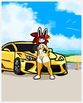 anthro armwear beach bikini border car clothing cloud female genitals gold_bikini heart_symbol legwear one_eye_closed pussy pussy_floss sea solo swimwear thick_thighs thigh_highs tongue tongue_out two-piece_swimsuit vehicle water white_border wink jaed golden_week lexus_(car) pecan_(jaed) lagomorph leporid mammal rabbit 4:5 hi_res shaded simple_shading