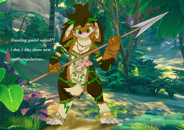 accessory anthro cock_ring embarrassed forest genitals holding_object holding_weapon jewelry jungle male melee_weapon penis penis_accessory penis_jewelry plant polearm solo spear standing tattoo text tree weapon redspice goobastera absurd_res english_text hi_res