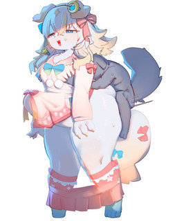 abdominal_bulge accessory anthro big_breasts big_penis blonde_hair blue_eyes blush bodily_fluids bow_ribbon breast_grab breasts duo female female_anthro female_focus fur genitals grey_body grey_fur hair hair_accessory hand_on_breast huge_penis huge_thighs hyper hyper_genitalia hyper_penis larger_female looking_at_viewer male male/female male_anthro misleading_thumbnail motion_lines multicolored_hair open_mouth open_smile penetration penis simple_background size_difference skirt_around_legs smaller_male smile sweat sweatdrop tail thick_thighs vaginal vaginal_penetration white_body white_fur white_hair utterangle monster_musume_td pent_(monster_musume_td) ambiguous_species canid canine canis domestic_dog mammal