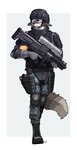 anthro armor black_eyes boots brown_body brown_fur bulletproof_vest clothing dipstick_tail elbow_pads footwear fur gloves grenade_launcher gun handwear headgear helmet knee_pads male markings ranged_weapon shoes solo tail tail_markings weapon white_body white_fur xm25_cdte pgm300 canid canine canis mammal 2024 absurd_res hi_res