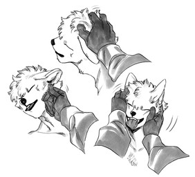 ambiguous_gender anthro clothing disembodied_hand duo enjoying eyes_closed face_rub fluffy gloves handwear happy headpat holding_head love male open_mouth petting rubbing rubbing_face short_snout simple_background white_background submori_521 cren canid canine canis mammal wolf monochrome