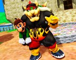 anthro bowser bowser_day carrying_another carrying_partner clothed clothing duo facial_hair fully_clothed hair headgear headwear hi_res horn human koopa luigi male male/male malicekira mammal mario_bros mmd mustache nintendo red_hair scalie shell spikes