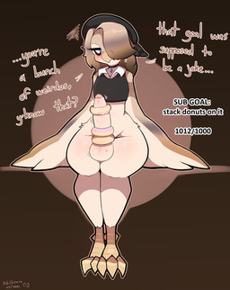 alternative_fashion anthro balls bangs beak big_penis blue_eyes bodily_fluids bottomless brown_hair choker clothed clothing dessert doughnut doughnut_fucking ear_piercing ear_ring embarrassed eyeliner feet food food_fetish food_penetration food_play foreskin genitals goth gynomorph hair huge_penis improvised_sex_toy intersex jewelry looking_away makeup necklace pastry penis piercing pink_frosted_sprinkled_doughnut presenting ring_piercing simple_background skull_accessory solo stack_donuts_on_it stacking sweat talons text toes wide_hips winged_arms wings tfwnocatgirlgf olith_oswald avian bird owl 2026 absurd_res dated english_text hi_res signature trans_(lore) trans_woman_(lore)