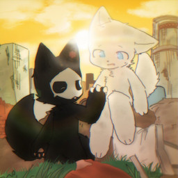 4_fingers anthro black_body black_fur bloom blue_eyes chibi city city_background cityscape dark_body daww duo fingers fur grass hand_holding light male mask one_eye_closed open_mouth pawpads paws plant sun sunlight sunset white_body white_fur wink chano changed_(video_game) lin_(changed) puro_(changed) canid canine canis dark_latex goo_creature mammal wolf 1:1