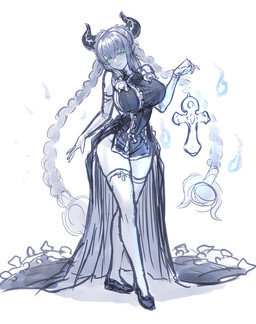 big_breasts breasts christian_cross christian_symbol clothed clothing cross crucifix female fire green_eyes horn huge_breasts not_furry religion religious_symbol simple_background solo white_background wide_hips yapo christianity horned_humanoid humanoid hi_res