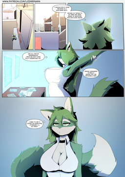 anthro big_breasts bird's-eye_view breasts cleavage clothed clothing desk female furniture green_body hair high-angle_view simple_background solo stretching table tail text lizzard_sama flora_(katson) domestic_cat felid feline felis mammal absurd_res comic english_text hi_res url