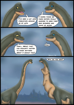 ambiguous_gender blue_eyes body_outline brown_body duo feral feral_pred feral_prey green_body long_neck motion_lines neck_bulge open_mouth outside quadruped soft_vore speech_bubble standing teeth text tongue unwilling_prey vore yellow_eyes dolorcin brachiosaurid brachiosaurus dinosaur macronarian prehistoric_species reptile saurischian sauropod sauropodomorph scalie 2026 comic english_text hi_res signature