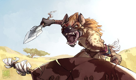 ambiguous_gender anthro bottomwear clothing loincloth looking_at_viewer melee_weapon open_mouth outside plant polearm savanna shield sky solo spear teeth tree tribal weapon wraps darbaras iklwa hyena mammal spotted_hyena digital_media_(artwork) hi_res