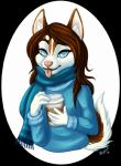 anthro beverage blue_eyes brown_body brown_fur brown_hair clothing coffee female fur hair looking_at_viewer multicolored_body multicolored_fur pink_nose simple_background solo sweater tongue tongue_out topwear two_tone_body two_tone_fur white_body white_fur vespur canid canine canis domestic_dog husky mammal nordic_sled_dog spitz alpha_channel