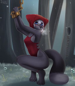 anthro black_nose blue_eyes bound breath chain chained clothed clothing crouching curly_hair female flower forest fur glistening glistening_eyes grey_body grey_fur grey_tail hair heart_symbol looking_aside mouth_closed outside plant red_clothing red_hood red_topwear side_view solo tail topwear tree white_flower white_hair isyld canid mammal 2022 dated full-length_portrait hi_res portrait signature