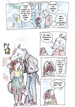 anthro biped clothed clothing dialogue duo female fur hair kiss_on_head male male/female size_difference smaller_female speech_bubble text bedupolker mariella_mazatzal rusty_reavis cricetid deer_mouse mammal mouse murid murine rodent comic english_text hi_res trans_(lore) trans_man_(lore)