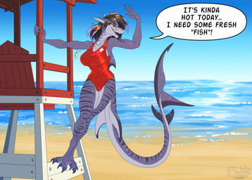 anthro beach biped camel_toe claws dialogue fangs female female_anthro lifeguard nipple_outline paws sand sea shark_tail sharp_teeth smile solo speech_bubble tail teeth text tongue tongue_out water wet sunny_way fish marine shark english_text hi_res