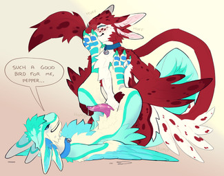 4_ears ambiguous_penetration animal_genitalia animal_penis anthro bell bell_collar bodily_fluids collar collar_only digitigrade feathered_wings feathers feet fluffy fluffy_chest foot_fetish foot_on_face foot_sniffing genital_fluids genital_slit genitals hindpaw male male/male mismatched_animal_penis mismatched_genitalia mismatched_penis multi_ear nude ownership paws penetration penis power_bottom precum pubes service_top sniffing speech_bubble tapering_penis text wings balamasca keovali peppertheavali avali avian bird absurd_res english_text hi_res