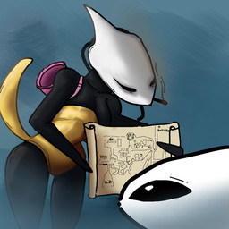 2_horns antennae_(anatomy) anthro armor black_body black_eyes breasts cigarette clothed clothing duo female gold_(metal) gold_armor hairless horn humor map mask mouthless saddam_hussein's_hiding_place simple_background size_difference smoke smoking tail text wearing_mask alberto_omega hollow_knight:_silksong hollow_knight_(franchise) loss team_cherry hornet_(hollow_knight) shakra_(hollow_knight:_silksong) arthropod insect 1:1 digital_media_(artwork) english_text meme