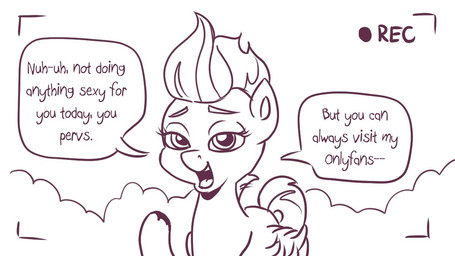 camera_view dialogue female recording solo text user_interface wings pony-berserker hasbro mlp_g5 my_little_pony mythology zipp_storm_(mlp) equid equine mammal mythological_creature mythological_equine pegasus 16:9 english_text line_art monochrome widescreen