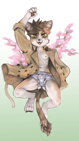 4_fingers 4_toes :3 anthro areola arm_above_head barefoot black_eyebrows black_nose briefs brown_hair brown_tail brown_tail_tuft brown_tuft bulge claws clothed clothed_anthro clothed_male clothing coat cute_fangs digitigrade eyebrows fangs feet finger_claws fingerpads fingers front_view fur green_eyes grey_body grey_claws grey_fur hair handpaw jacket kemono long_tail male male_anthro mottled mottled_body mottled_fur multicolored_body multicolored_fur navel nipples open_:3 open_clothing open_coat open_jacket open_mouth open_topwear orange_body orange_fur pawpads paws piebald pink_areola pink_nipples pink_tongue pose pupils slim slim_anthro slim_male solo spiky_hair tail tail_tuft tan_claws tan_clothing tan_coat tan_topwear teeth toe_claws toes tongue topwear tuft underwear whiskers white_body white_briefs white_clothing white_fur white_inner_ear white_underwear yellow_sclera tsubutekuro calico_cat domestic_cat felid feline felis mammal 9:16 full-length_portrait hi_res pinup portrait