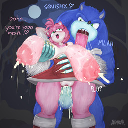 anthro areola balls belly belly_grab big_areola big_breasts big_tongue bite_mark_on_breast blue_body blue_fur bodily_fluids boots breast_grab breast_squeeze breasts clothing cum cum_in_vagina cum_inside dialogue dress duo female footwear forest from_behind_position fur genital_fluids genitals green_eyes hand_behind_head hand_on_breast heart_symbol huge_breasts lactating male male/female milk muscular muscular_male nipples open_mouth penetration penile penile_penetration penis penis_in_vagina pink_body pink_fur plant saliva sex shoes size_difference squeezing standing standing_sex teeth text tongue tongue_out torn_clothing tree vaginal vaginal_penetration wide_hips deepmovth sega sonic_the_hedgehog_(series) sonic_unleashed amy_rose sonic_the_hedgehog sonic_the_werehog eulipotyphlan hedgehog mammal werecreature wereeulipotyphlan werehog 1:1 english_text hi_res