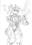 anthro claws clothing dissolving_clothing eyebrow_ridge female fin fumes horn knock-kneed potion_bottle smoke solo sparkles torn_clothing wardrobe_malfunction wide_hips chochi goo_creature kobold scalie 2022 black_and_white graphite_(artwork) greyscale hi_res monochrome sketch traditional_media_(artwork)