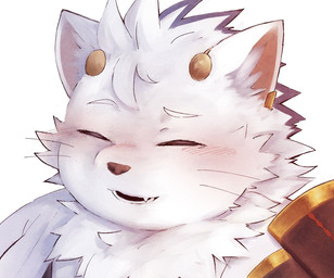 anthro armor asian_clothing blush clothing east_asian_clothing eyes_closed fur haori japanese_clothing male pupils slit_pupils smile solo white_body white_fur omothi0415 tamacolle chikuzen_(tamacolle) bust_portrait hi_res portrait