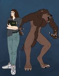 anthro before_and_after body_hair brown_body brown_fur brown_hair claws clothed clothing featureless_crotch female fur hair happy_trail holding_object naturally_censored naturally_censored_breasts open_mouth pawpads scar sharp_teeth simple_background solo teeth transformation yellow_eyes diamondwolf152 mythology she-wolf_of_london_(series) randi_wallace canid canine human mammal mythological_canine mythological_creature werecanid werecanine werecreature werewolf hi_res signature