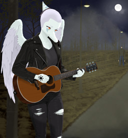 5_fingers acoustic_guitar anthro anthro_focus biped black_bottomwear black_clothing black_jacket black_pants black_shirt black_topwear blue_body blue_scales bone_frill bottomwear breasts clothed clothed_anthro clothed_female clothed_human clothed_male clothing denim denim_bottomwear denim_clothing duo feathered_wings feathers female female_focus fingers frill_(anatomy) frown grass grey_body grey_clothing grey_feathers grey_hair grey_shirt grey_topwear guitar hair hand_tattoo holding_guitar holding_musical_instrument holding_object humanoid_hands jacket jeans leather leather_clothing leather_jacket leather_topwear male markings moon musical_instrument night non-mammal_breasts open_clothing open_jacket open_topwear orange_eyes outside pants plant plucked_string_instrument sad scales shaved_head shirt short_hair small_breasts solo_focus standing star street_lamp string_instrument striped_markings stripes topwear torn_bottomwear torn_clothing torn_pants tree wings ryangoslinghorny cavemanon_studios creepypasta goodbye_volcano_high ko_op_(game_developer) snoot_game anon_(snoot_game) fang_(gvh) slenderman human mammal prehistoric_species pterosaur reptile scalie absurd_res colored hi_res