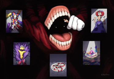 accessory ambiguous_gender anthro artificial_intelligence asphyxiation blood bloodshot_eyes blue_body blue_clothing blue_dress blue_scales bodily_fluids bone bow_ribbon broken_mask candy clothed clothing constricted_pupils cutlery dark darkness dessert disembodied_hand dismemberment doll dress drowning fangs female feral food fool's_hat gloves gore green_body green_scales group gummy_(food) hair hair_accessory hair_bow hair_ribbon handwear hard_vore hat headgear headwear holding_another horror_(theme) imminent_oral_vore imminent_vore jester jester_outfit kitchen_knife kitchen_utensils knife looking_up looking_up_at_another makeup male mascara mask missing_arm missing_eye missing_leg navel nightmare_fuel not_furry open_mouth orange_body orange_scales overalls patch_(fabric) pink_clothing pink_overalls plush_stuffing plushie_gore pupils purple_body purple_scales purple_skin rag_doll_(toy) reaching_up red_body red_clothing red_hair red_scales red_suit ribbons running_makeup running_mascara scales scared severed_arm severed_body_part severed_limb shards short_hair skinned small_pupils soul_devouring_eyes spotlight stab stabbed_heart stabbed_in_eye stabbed_through suit teeth thousand_yard_stare tongue tools topless topless_female topless_humanoid torture vore white_body white_clothing white_eyes white_gloves white_handwear white_sclera white_skin wooden_body wounded yellow_body yellow_flesh yellow_scales hoseokdrw glitch_productions i_have_no_mouth_and_i_must_scream the_amazing_digital_circus caine_(tadc) chad_(tadc) evil_gummigoo_(tadc) gangle_(tadc) gummigoo_(tadc) jax_(tadc) kinger_(tadc) max_(tadc) pomni_(tadc) ragatha_(tadc) zooble_(tadc) alligator alligatorid animate_inanimate crocodilian digital_creature fabric_creature food_creature gummy_creature human humanoid lagomorph leporid living_candy living_chess_piece living_doll living_mask living_toy mammal monster mouth_creature rabbit reptile scalie shape_head tooth_creature 2026 digital_media_(artwork) digital_painting_(artwork) hi_res multiple_scenes painting_(artwork) signature watermark nonbinary_(lore)
