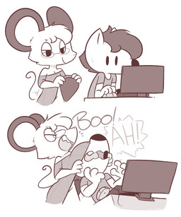 anthro bottomless canon_x_oc clothed clothing duo female head_under_shirt male mischievous_smile oversized_clothing prank theartmanor pandemonium_wizard_village chow_(theartmanor) molte canid canine mammal murid murine rodent 2024 digital_drawing_(artwork) digital_media_(artwork) hi_res