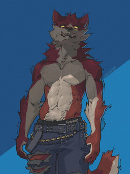 abs anthro arm_tuft belly_tuft belt belt_buckle bottomwear buckle clothing crotch_tuft denim denim_bottomwear denim_clothing elbow_tuft fangs fur glistening_abs glowing glowing_eyes grin jeans looking_at_viewer looking_down male motion_lines muscular muscular_male navel neck_tuft pants red_body red_fur sharp_teeth shoulder_tuft simple_background smile smirk smug solo studded_belt studs tail teeth torn_bottomwear torn_clothing torn_jeans torn_pants tuft white_body white_fur yellow_eyes jcanis77 mythology lycan_west_(fortnite) canid canine mammal mythological_canine mythological_creature werecanid werecanine werecreature werewolf 2025 3:4 hi_res