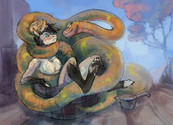 ambiguous_gender anthro bath bathing bathtub biped coiling digitigrade duo feet feral gloves_(marking) green_eyes hindpaw hypnosis leg_markings male markings mind_control nude pawpads paws socks_(marking) yellow_eyes wooy kalisster_ssin canid canine mammal python reptile scalie snake painting_(artwork) traditional_media_(artwork) traditional_painting_(artwork) traditional_watercolor_(artwork) watercolor_(artwork)