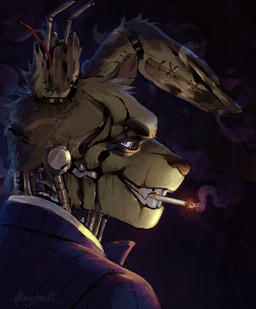 anthro black_background blue_eyes bow_tie cigarette cigarette_in_mouth cigarette_smoke fangs glowing glowing_eyes grin grinning_at_viewer looking_at_viewer machine male object_in_mouth side_view simple_background smile smiling_at_viewer smoke smoking smoking_cigarette solo teeth p0nyplanet five_nights_at_freddy's five_nights_at_freddy's_3 scottgames springtrap_(fnaf) animatronic lagomorph leporid mammal rabbit robot robot_anthro digital_drawing_(artwork) digital_media_(artwork) hi_res watermark