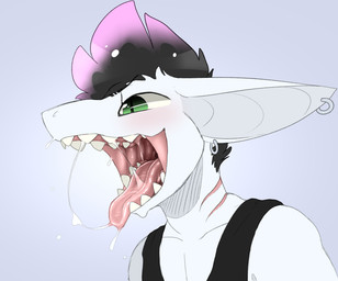 anthro bodily_fluids ear_piercing ear_ring fangs gaping_mouth green_eyes hair male mouth_shot open_mouth piercing ring_piercing saliva saliva_string simple_background solo teeth tongue tongue_out backsash sash_(backsash) aquatic fish shark 2019 digital_media_(artwork) hi_res