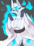 anthro big_breasts blue_eyes blush breasts clothed clothing female fire fur japanese_ghost_outfit kemono kitsunebi simple_background smile solo coel_(artist) yuurei-chan canid canine fox ghost mammal spirit hi_res