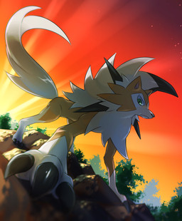 black_claws black_nose claws feet feral fur green_eyes hair low-angle_view orange_body orange_fur plant solo spikes sunset toes tree white_body white_fur white_hair nintendo pokemon canid canine dusk_lycanroc generation_7_pokemon lycanroc mammal pokemon_(species)