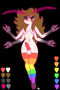 3_fingers 3_toes 4_arms antennae_(anatomy) anthro balls black_background black_body black_eyes blush breasts brown_hair claws clothing color_swatch feet fingers genitals gloves_(marking) gynomorph hair hair_over_shoulder heart_symbol intersex knot legwear lgbt_pride long_hair markings multi_arm multi_limb multicolored_body multicolored_clothing multicolored_legwear multicolored_thigh_highs navel nipples no_pupils outline pattern_clothing pattern_legwear pattern_thigh_highs pawpads penis pink_antennae pink_nipples pink_outline pride_colors rainbow_clothing rainbow_legwear rainbow_pride_colors rainbow_thigh_highs red_penis simple_background six-stripe_rainbow_pride_colors smile solo striped_clothing striped_legwear striped_thigh_highs stripes thigh_highs thigh_highs_only toes two_tone_body white_body lulu4859 arthropod insect lepidopteran moth 2023 2:3 digital_drawing_(artwork) digital_media_(artwork) signature