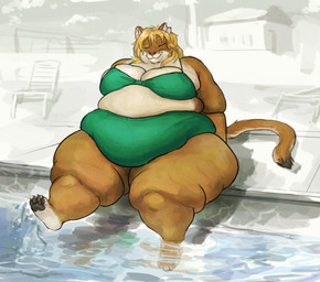 anthro beach_chair belly bikini blonde_hair breasts building clothing eyes_closed female foot_in_water fur hair high_waisted_bikini high_waisted_bottomwear high_waisted_swimwear obese obese_anthro obese_female orange_body orange_fur outside overweight overweight_anthro overweight_female poolside sitting smile solo swimming_pool swimwear tan_body tan_fur two-piece_swimsuit water cettus cassie_evans cougar felid feline mammal 2020