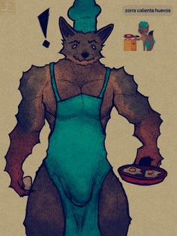 anthro apron apron_only balls_outline barazoku bulge butt chef_hat clothed clothing cooking detailed_bulge egg genital_outline hat headgear headwear humor male muscular muscular_anthro muscular_male partially_clothed pecs penis_outline solo theanzelart facebook_stickers facebook_fox canid canine fox mammal 3:4 hi_res meme